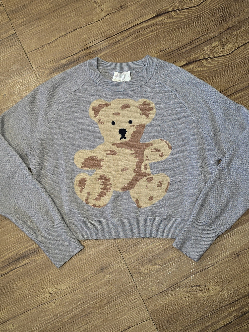 Cozy Gray Teddy Bear Intarsia Crewneck Sweater - Girlhoodcore sweater